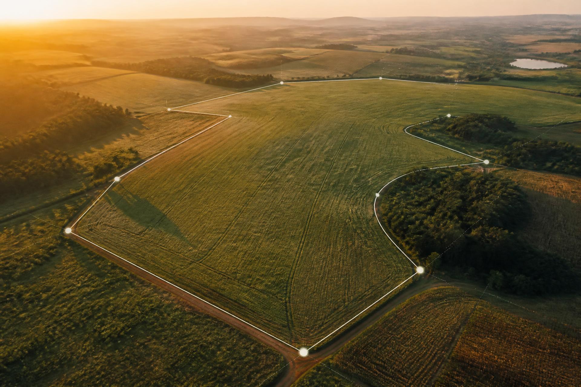 Vista aérea de propriedade rural com divisas demarcadas ao entardecer